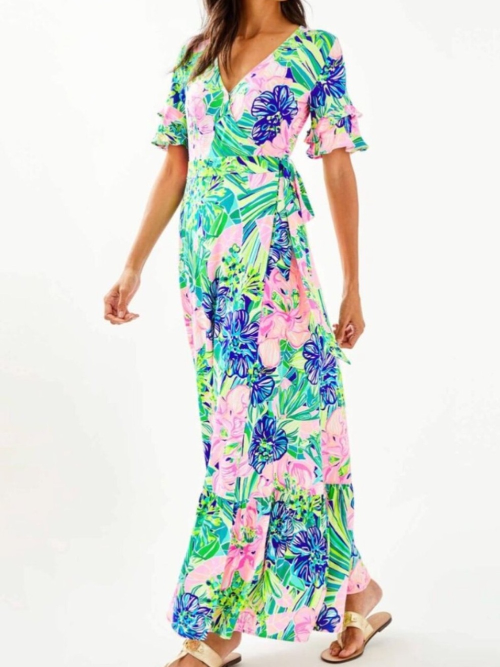 Lilly Pulitzer Pink & Green Floral Wrap Maxi Dress